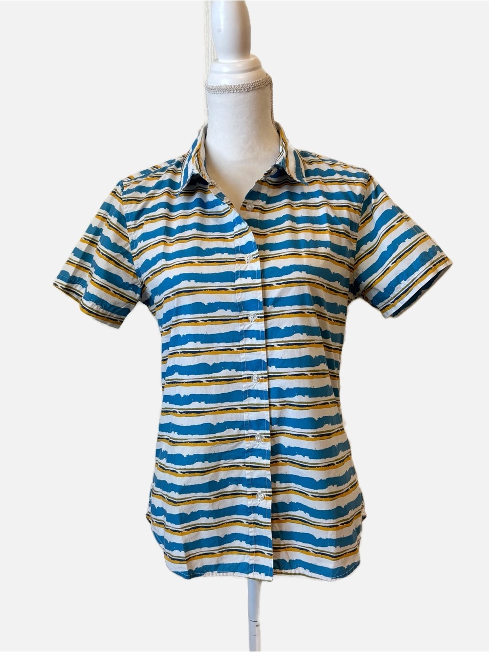 Wildfang The Essential Short Sleeve Button Down Striped Shirt Teal & White Small
